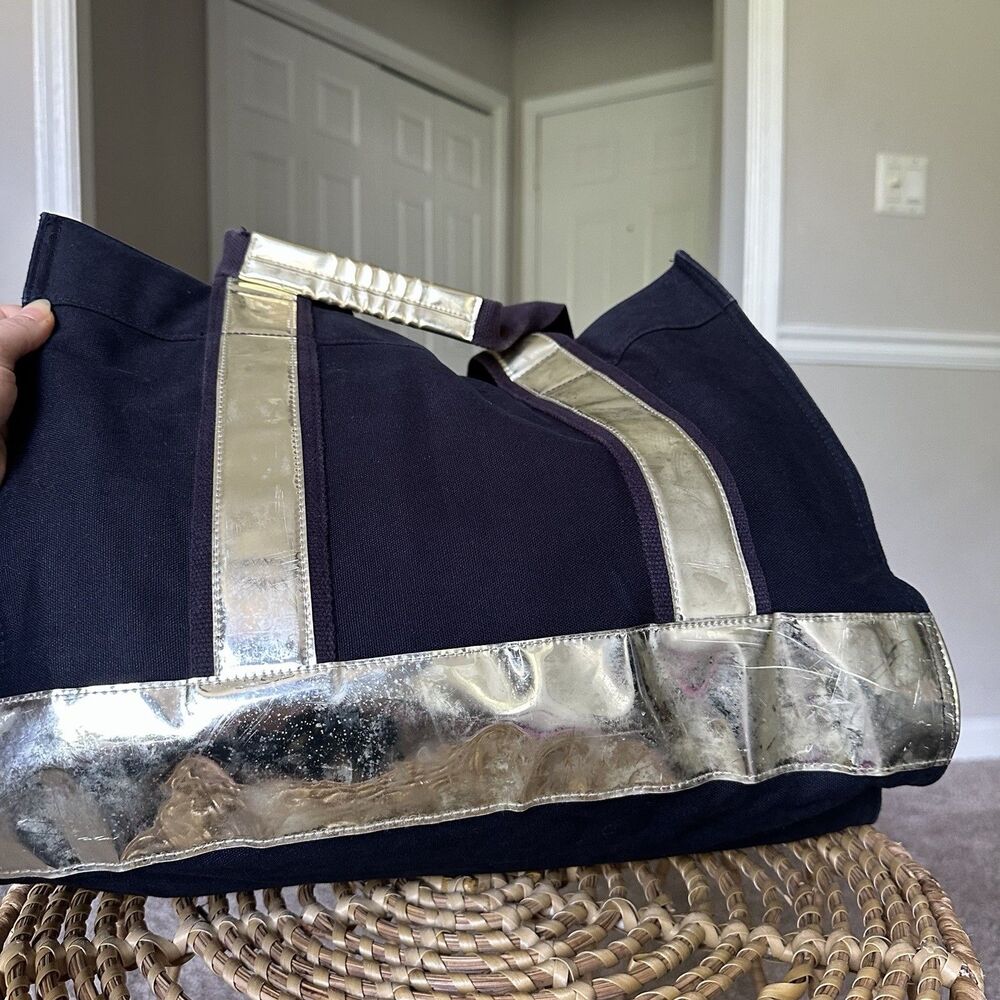 TORY BURCH Large Canvas Tote Navy Blue Shopper Bag Metallic Top Handle - Picture 6 of 16